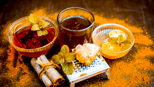 An image of bowls, herbs, and Ayurvedic ingredients. 