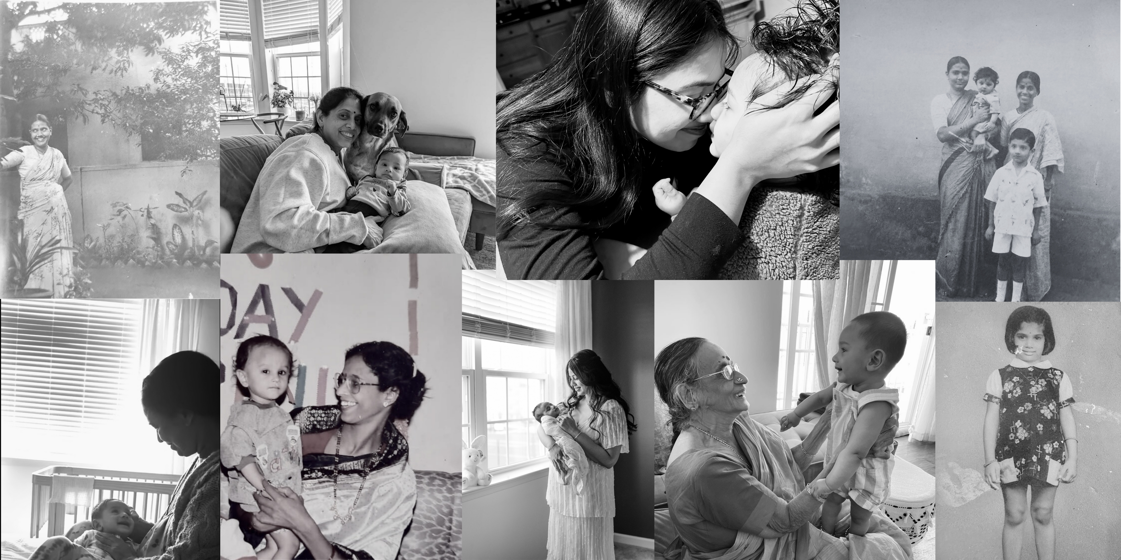 Black and white collage of images of showing mothers and grandmothers, and babies together. 